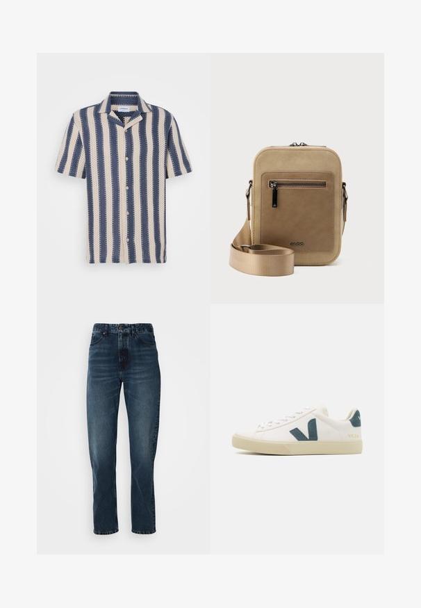 Korte mouw overhemd met een marineblauw en crème gestreept patroon, voorzien van een kraag en knoopsluiting, gemaakt van ademende stof.; Donkerblauwe recht gesneden jeans met een sluiting met knoop en rits aan de voorkant, vijf-pocket ontwerp en subtiele vervaging op de dijen en knieën.; Witte leren sneaker met een teal suede logo, ronde neus, vetersluiting en rubberen zool met textuurdetails. Merkenaam "VEJA" in goud.; Kleine beige crossbodytas met een voorvak met ritssluiting, metalen ALDO-logo, verstelbare brede band en afgeronde rechthoekige vorm op een witte achtergrond.