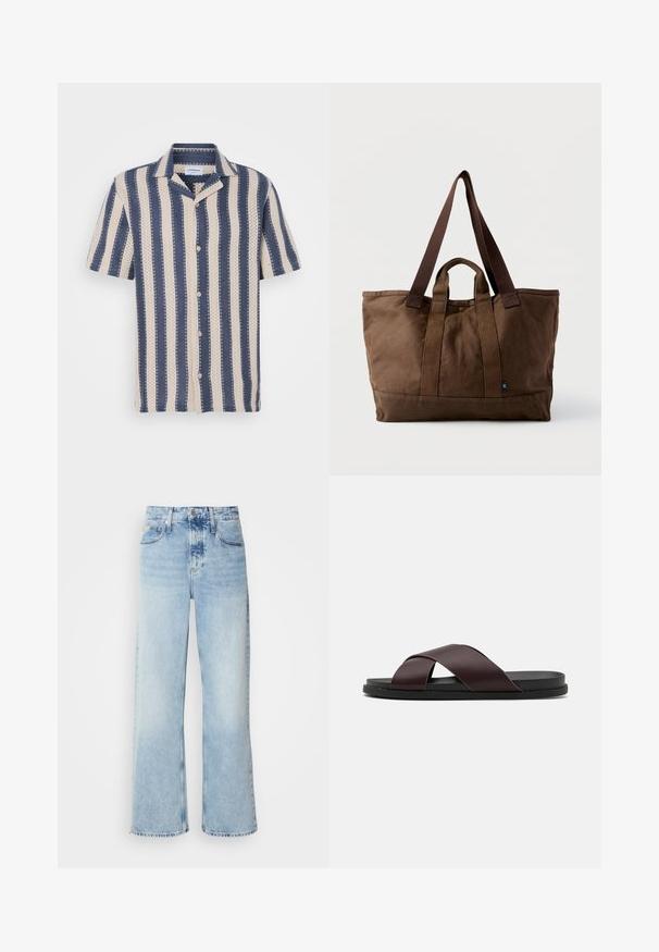 Kurzarmhemd mit einem navy- und cremefarbenen Streifenmuster, das einen kragenförmigen Ausschnitt und Knopfverschluss aufweist, aus atmungsaktivem Stoff gefertigt.; Helle blaue weite Jeans mit hoher Taille, in verwaschenem Finish, mit Gürtelschlaufen und klassischem Fünf-Taschen-Design. Der Saum ist ungesäumt.; Braune, Riemchensandale mit mattem Finish, flacher schwarzer Sohle und glatter Textur. Minimalistisches Design ohne sichtbare Beschläge.; Große braune Canvas-Tragetasche mit zwei kurzen und langen Griffen, Druckknopfverschluss und einem kleinen blauen Stoffetikett am unteren Rand.