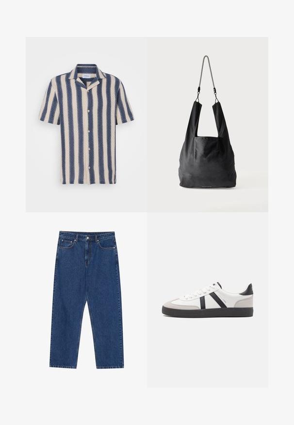 Korte mouw overhemd met een marineblauw en crème gestreept patroon, voorzien van een kraag en knoopsluiting, gemaakt van ademende stof.; Donkerblauwe denim jeans met een rechte pijp, voorzakken en een knoopsluiting met contrasterende stiksels.; Witte sneaker met zwarte en grijze accenten, voorzien van een grijze neus met textuur, zwarte rubberen zool en platte witte veters. Schoon ontwerp, minimalistische stijl.; Zwart zachte stoffen draagtas met brede handvatten en een dunne zwart-witte gevlochten schouderriem.