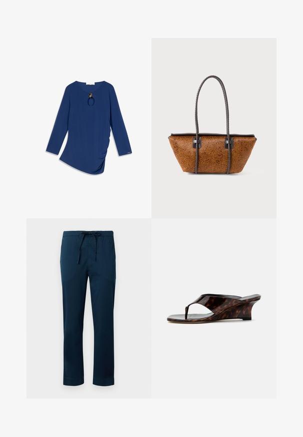 Haut à manches longues en tissu bleu profond, comportant un col en U avec une découpe ronde et un accent doré décoratif au niveau du cou. Texture douce, ourlet asymétrique.; Pantalons légers bleu marine avec une taille élastique et un cordon de serrage ajustable. Tissu lisse, design à jambes droites et ourlets à revers.; Sandale à talon compensé pour femme avec motif écaille, bout ouvert et bride entre les orteils, vue de profil sur fond blanc.; Sac en cuir texturé marron avec une forme trapézoïdale et de longues poignées tressées marron foncé sur un fond blanc.