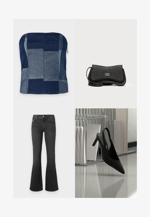 Top en denim sans bretelles marine, avec un design en patchwork de teintes variées, une texture lisse et un détail de fermeture éclair sur le côté.; Jean en denim noir à coupe évasée, avec une taille mi-haute, un design à cinq poches et des détails de couture sur les poches. Texture lisse avec un léger éclat.; Chaussure à talon haut à bout pointu et bride arrière suspendue en l'air au-dessus d'un sol brillant avec des classeurs empilés en arrière-plan.; Sac à bandoulière noir en matière texturée, présentant un design froissé, des détails en métal argenté et une bandoulière ajustable.