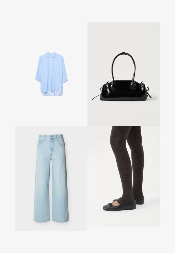 Chemise à manches longues bleu clair à boutons, avec de fines rayures blanches verticales et manches retroussées, présentée sur un fond blanc.; Jean bleu clair à jambes larges avec une fermeture avant à boutons et zip, des passants de ceinture, et un design classique à cinq poches.; Jambes portant des leggings côtelés foncés associés à des ballerines noires avec de petits détails en nœud sur fond blanc.; Petit sac à main noir brillant avec deux longues anses et des détails à cordon sur les côtés sur un fond clair uni.