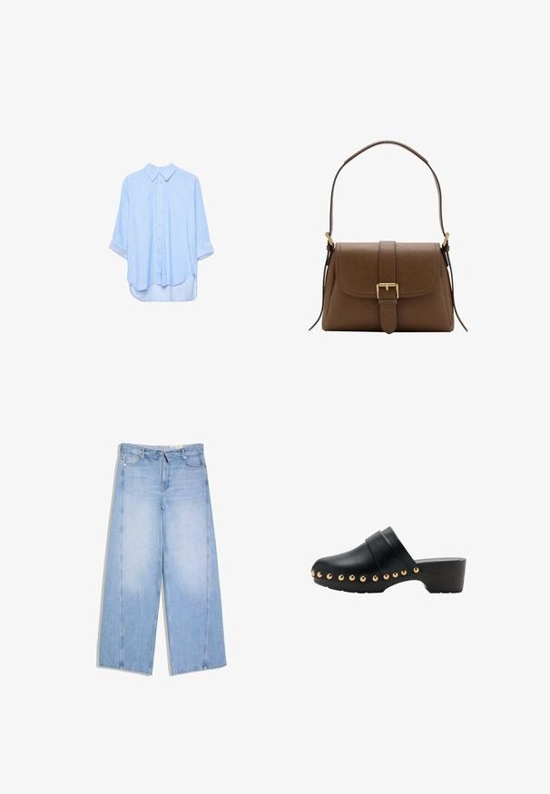 Chemise à manches longues bleu clair à boutons, avec de fines rayures blanches verticales et manches retroussées, présentée sur un fond blanc.; Jean en denim bleu clair taille haute à jambes larges avec poches avant et arrière, passants de ceinture, fermeture par bouton et zip.; Sabot en cuir noir avec un petit talon en bois et des clous ronds dorés le long du bord de la semelle, doté d'une large bride sur le dessus.; Sac à bandoulière en cuir marron avec rabat avant et boucle dorée, disposant d'une bandoulière réglable avec ferrures dorées sur fond blanc.