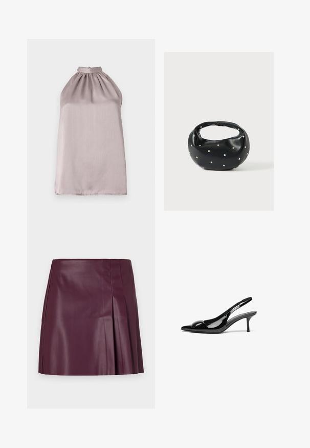 Halter-neck, bezrukávový top v svetlej fialovej saténe s nariasením na výstrihu a hladkým, mierne lesklým povrchom.; ONLY ONLARTZY Short - Minisukňa - mauve wine; Čierne patentkové lodičky s otvorenou pätou, špicatou špičkou a lesklým povrchom. Majú štíhly opätok a zaoblený detail na nártovej časti.; Čierna kožená kabelka s zaobleným tvarom, zdobená striebornými cvočkami a krátkym rúčkou. Hladká textúra a zapínanie na zips.
