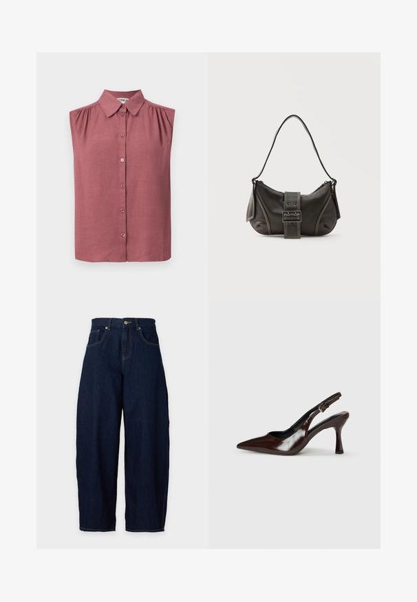 Haut sans manches à boutons avec col en rose poudré, présentant de légers fronces aux coutures des épaules et un ourlet droit.; Jean en denim bleu foncé à jambes larges, fermeture avant par bouton et zip, passants de ceinture et poches avant sur fond clair.; Talons slingback en cuir verni brun avec un bout pointu, un talon fin, et une sangle réglable avec une petite boucle.; Sac à épaule en cuir noir avec une sangle à boucle, des bords arrondis et des coutures blanches contrastées sur un fond uni.