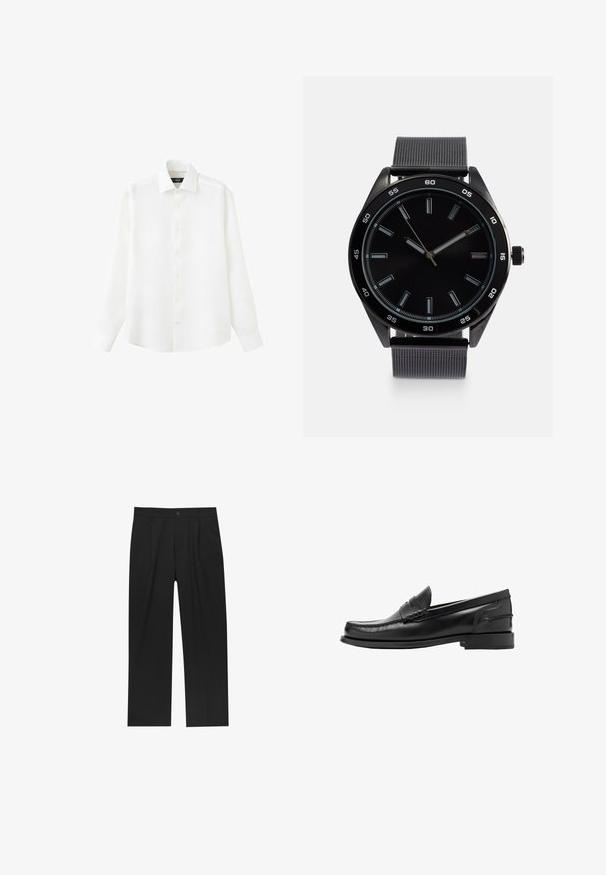 Chemise blanche à manches longues avec col et poignets, boutonnée, présentée à plat sur un fond blanc.; Pantalons noirs au design droit, fabriqués à partir d'un tissu lisse. Dotés de plis sur le devant et d'une fermeture à un bouton à la taille.; Mocassins en cuir noir avec un bout arrondi, une couture décorative et une semelle en caoutchouc plate. Présentent une sangle surélevée sur le devant.; Montre analogique noire avec un boîtier en métal rond, un cadran noir, des marqueurs de heure luminescents et un bracelet texturé gris. Présente un design minimaliste.