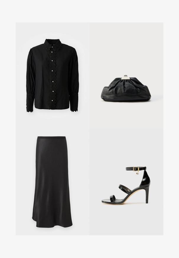 Schwarze Bluse mit langen Ärmeln, die einen gewellten Kragen und eine Knopfleiste mit Perlenakzenten aufweist. Hergestellt aus leichtem Stoff mit strukturierten Details.; Schwarzer Satin-Midirock mit geradem Bund und leicht ausgestelltem Saum, vor weißem Hintergrund gezeigt.; Schwarze Lackleder-Sandale mit drei Riemen, Knöchelriemen und 10 cm hohen Stiletto-Absatz. Verfügt über goldfarbene Hardware-Details und ein Logo-Charm.; Schwarze Leder-Clutch mit geraffter Textur, Metallverschluss und dezentem, auf der Vorderseite geprägtem Logo. Abgerundete Form.