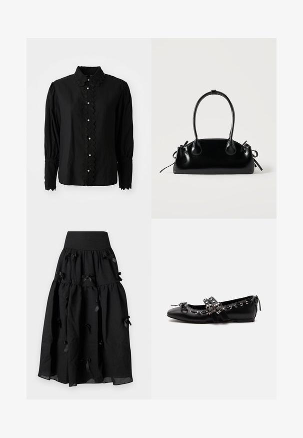 Schwarze Bluse mit langen Ärmeln, die einen gewellten Kragen und eine Knopfleiste mit Perlenakzenten aufweist. Hergestellt aus leichtem Stoff mit strukturierten Details.; Sister Jane BIRDIE BOW MIDI SKIRT - A-Linien-Rock - black; Schwarzer flacher Ballettschuh mit doppelten Schnallenriemen, silbernen Ösen und einer kleinen Schleife nahe der abgerundeten Spitze auf weißem Hintergrund.; Kleine schwarze glänzende Handtasche mit zwei langen Griffen und seitlichen Kordelzug-Details vor einfachem hellem Hintergrund.
