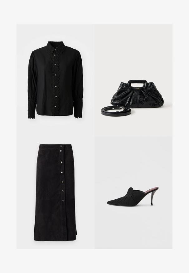 Schwarze Bluse mit langen Ärmeln, die einen gewellten Kragen und eine Knopfleiste mit Perlenakzenten aufweist. Hergestellt aus leichtem Stoff mit strukturierten Details.; Schwarzer Wildleder-Midi-Rock mit silbernen Druckknöpfen vorne und seitlichem Schlitz, gerade Passform und hoher Taille.; Schwarzer Mule mit hohem Absatz, spitzer Zehenpartie, weichem Stoff mit geraffter Textur an der Vorderseite und einem schlanken Stilettoabsatz.; Kleine schwarze Lederhandtasche mit geraffter Textur, rechteckigem Griff und abnehmbarem dünnen Schulterriemen, der daneben liegt.