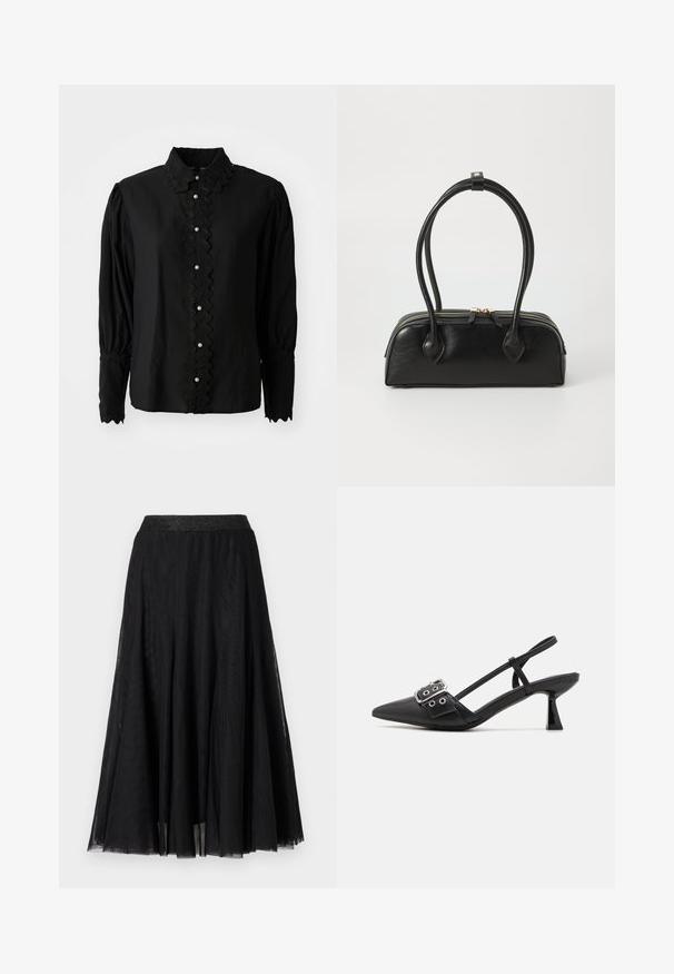 Blusa negra de manga larga con cuello scalloped y placket de botones con acentos de perlas. Fabricada en un tejido ligero con un detalle texturizado.; Falda maxi negra con un diseño fluido y texturizado. Presenta una cinturilla amplia y brillante, así como una tela ligera y en capas que aporta un aspecto elegante.; Simmi London DALA - Tacones - black; Bolso de mano de cuero negro con dos asas alargadas, cierre de cremallera y forma redondeada; textura suave con un acabado ligeramente brillante.