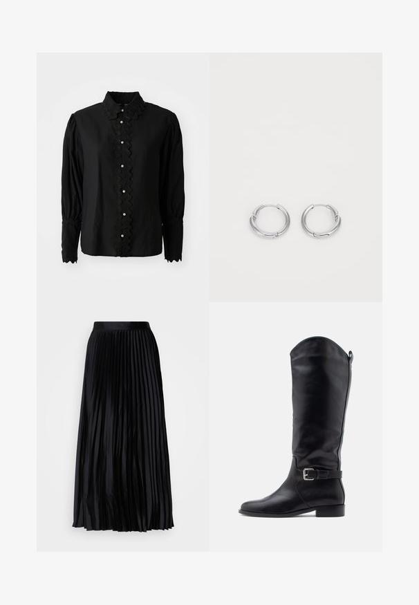 Schwarze Bluse mit langen Ärmeln, die einen gewellten Kragen und eine Knopfleiste mit Perlenakzenten aufweist. Hergestellt aus leichtem Stoff mit strukturierten Details.; Schwarzer plissierter Rock aus glattem Stoff mit einem breiten Bund, der vertikale Falten für Textur und Bewegung aufweist und bis zur Mitte der Wade reicht.; Hoher schwarzer Lederstiefel mit niedrigem Absatz, rundem Zeh, seitlichem Schnallenriemen und Zuglasche an glattem Schaft vor weißem Hintergrund.; Silberne Creolen mit glatter, polierter Oberfläche. Kreisform mit einem kleinen Verschlussdetail für den Schließmechanismus. Minimalistisches Design, leicht.