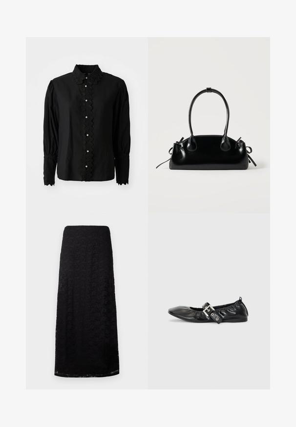 Blusa negra de manga larga con cuello scalloped y placket de botones con acentos de perlas. Fabricada en un tejido ligero con un detalle texturizado.; Falda midi de encaje negro con patrón floral, corte recto y textura sutil, exhibida sobre un fondo blanco liso.; Zapato plano de piel negra con puntera afilada, detalle fruncido alrededor de la abertura y un acento de hebilla plateada en la correa ajustable.; Pequeño bolso negro brillante con dos asas largas y detalles de cordón lateral sobre un fondo claro liso.