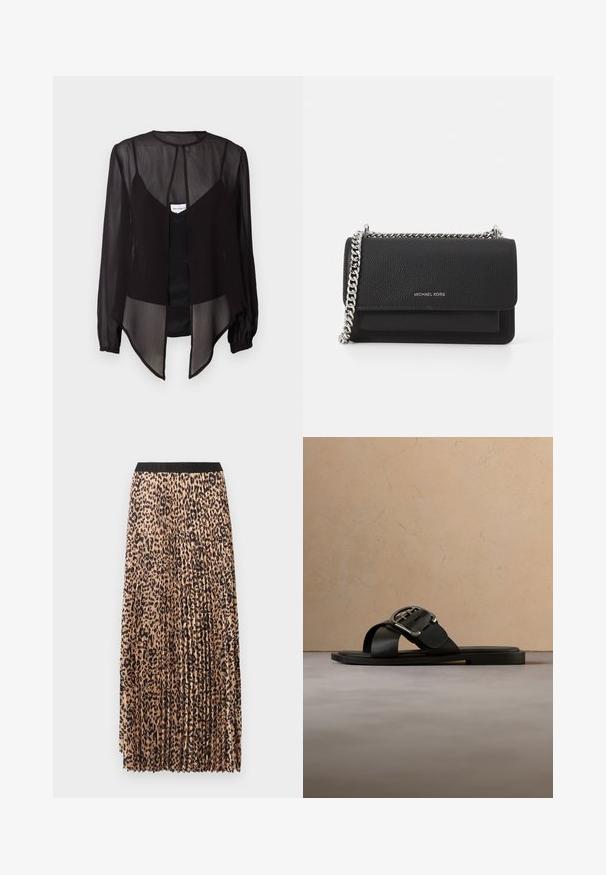 Zwarte doorzichtige blouse met lange mouwen, hoge hals en een asymmetrische zoom. Bevat een sluiting met knopen aan de voorkant en gelaagde designelementen.; Plissé maxirok in beige met zwarte luipaardprint. Voorzien van een zwarte tailleband, zachte textuur en vloeiend ontwerp.; Zwarte leren sandaal met grote zilveren gesp, geplaatst op een beige gestructureerd tapijt vlakbij een ronde houten tafel met gestapelde boeken.; Zwarte leren schoudertas met een gestructureerde afwerking, zilverkleurige kettingriem, flapsluiting en geprezen logo aan de voorkant.