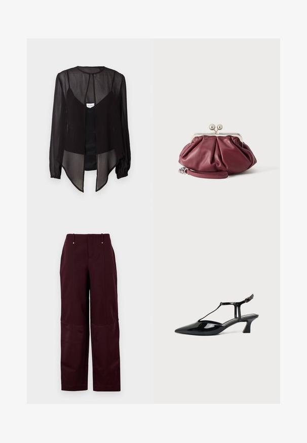 Zwarte doorzichtige blouse met lange mouwen, hoge hals en een asymmetrische zoom. Bevat een sluiting met knopen aan de voorkant en gelaagde designelementen.; Bordeauxkleurige broek met een relaxed fit, voorzien van een gladde textuur, twee voorzakken en twee decoratieve knopen op de tailleband.; Zwarte pumps van lakleer met spits toelopende neus, T-strap en lage schuine blokhak op witte achtergrond.; Kleine bordeauxrode leren clutch met zilveren metalen gesp en polsriem op een witte achtergrond.