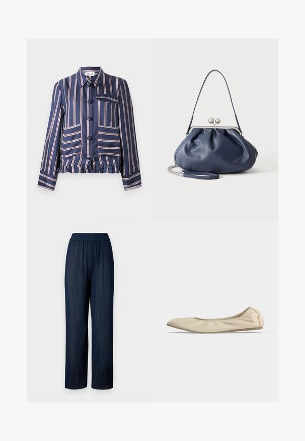 Navyblauwe satijnen jas met verticale witte en bordeauxrode strepen, voorzien van een knoopsluiting aan de voorkant, een borstzak en een gerimpelde zoom. Lange mouwen.; Marine kleur wijde pantalon van geplooide stof, met een elastische tailleband en een zachte textuur, ontworpen voor comfort en bewegingsvrijheid.; Beige zachte leren ballerina met afgeronde neus, laag uitgesneden zijprofiel en slanke rubberen zool op een effen witte achtergrond.; Zachte navyblauwe leren handtas met zilveren sluiting, enkele schouderband en afneembare ketting polsband op witte achtergrond.