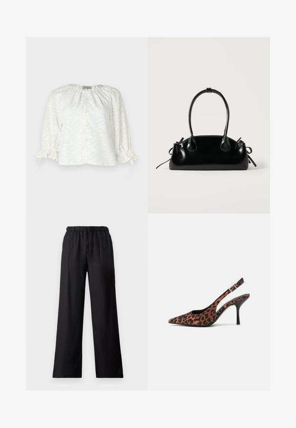 Blouse blanche avec un motif de feuilles texturé, encolure ronde, devant boutonné et manches élastiquées froncées avec des liens à cordon.; Pantalons larges noirs en tissu léger, dotés d'une taille élastique avec cordon de serrage et d'une texture lisse.; Escarpins slingback en imprimé léopard avec un embout pointu, un talon noir brillant et une bride ajustable à la cheville. Matériau doux avec une finition texturée.; Petit sac à main noir brillant avec deux longues anses et des détails à cordon sur les côtés sur un fond clair uni.
