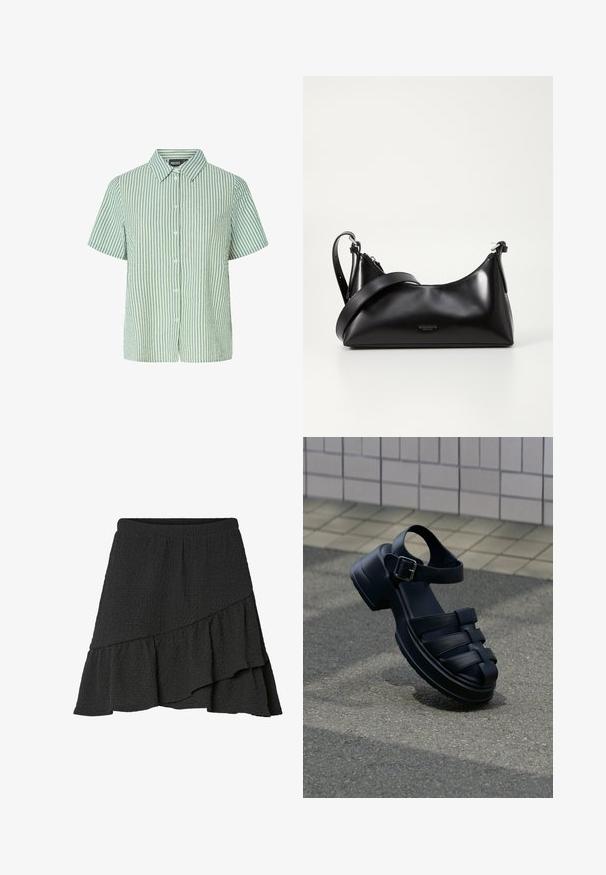 Camisa de manga corta a rayas verdes y blancas con cierre de botones y cuello puntiagudo. Tela suave y ligera con un corte relajado.; Falda envolvente negra con textura, bajo asimétrico con volantes y cintura elástica.; Sandalia de cuero negro con punta cerrada, correa en el tobillo, hebilla de metal, suela gruesa, descansando sobre pavimento gris cerca de una pared con azulejos.; Bolso de mano de cuero negro con una textura suave. Cuenta con una correa ajustable y un diseño elegante y minimalista con cierre de cremallera.