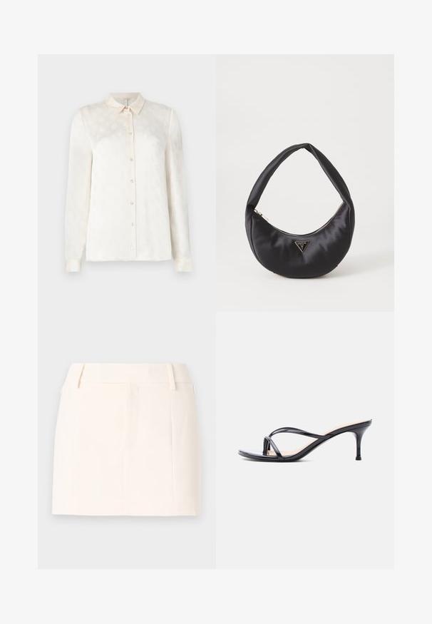 Witte langslokige blouse met een kraag, knoopsluiting aan de voorkant, gemaakt van een gladde stof met een subtiel reliëfpatroon.; Good American SUITING MINI SKIRT - Minirok - cloud white; Zwarte laklederen sandaal met hakken, dunne gekruiste bandjes en een slanke, middelhoog stilettohak op een witte achtergrond.; Zwarte satin handtas met een gebogen vorm, voorzien van een ritssluiting en een driehoekig metalen logo aan de voorkant. Gladde textuur en een slank ontwerp.