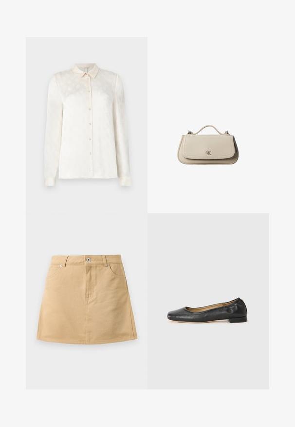 Chemise blanche à manches longues avec un col, devant boutonné, fabriquée dans un tissu lisse présentant un motif en relief subtil.; Jupe en denim beige mini avec poches avant, passants de ceinture et fermeture à bouton en métal sur fond blanc.; Ballerines en cuir noir avec un bout arrondi et des coutures minimales. Talon bas et rectangulaire avec une texture lisse. Détails subtils de doublure intérieure.; Petit sac à main en cuir beige avec poignée supérieure et logo CK argenté sur le rabat avant, présenté sur fond blanc.