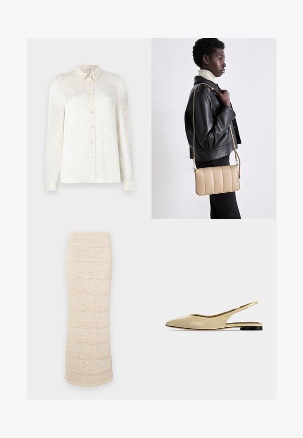 Witte langslokige blouse met een kraag, knoopsluiting aan de voorkant, gemaakt van een gladde stof met een subtiel reliëfpatroon.; Gebreide midi rok in lichtbeige met horizontale textuurstrepen. Strakke pasvorm, zachte stof en een iets open zoom aan de onderkant.; Beige platte slingback schoen met puntige neus, lage zwarte hak en een glad leren afwerking, zijaanzicht op een effen achtergrond.; Beige leren crossbody tas met een gequilt ontwerp, rechthoekige vorm, dunne schouderband en zilverkleurige hardware, gedragen door een persoon in een zwarte jas.