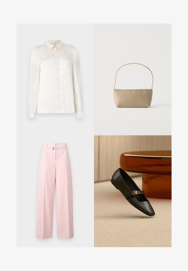 Witte langslokige blouse met een kraag, knoopsluiting aan de voorkant, gemaakt van een gladde stof met een subtiel reliëfpatroon.; Wijde broek in zachtroze, met een hoge taille, een riem met een zilveren gesp en subtiele plooien voor extra structuur.; Zwarte leren platte schoen met puntige neus en gouden CK-logo op het bandje, geplaatst op een beige tapijt bij een ronde amberbruine tafel.; Beige geweven handtas met dunne schouderriem en klein gouden "BOSS" logo aan de voorkant, getoond tegen een effen witte achtergrond.