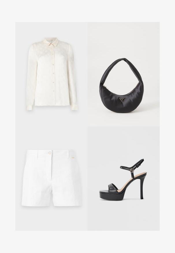 Witte langslokige blouse met een kraag, knoopsluiting aan de voorkant, gemaakt van een gladde stof met een subtiel reliëfpatroon.; Witte katoenen shorts met een rechte snit, voorzien van een voorjaarsknopsluiting en zijzakken. Gladde textuur met minimale details.; Zwarte platformsandalen met een hoge naaldhak, voorzien van een glad leren bovenkant, een peep-toe ontwerp en een verstelbare enkelriem met beslag.; Zwarte satin handtas met een gebogen vorm, voorzien van een ritssluiting en een driehoekig metalen logo aan de voorkant. Gladde textuur en een slank ontwerp.