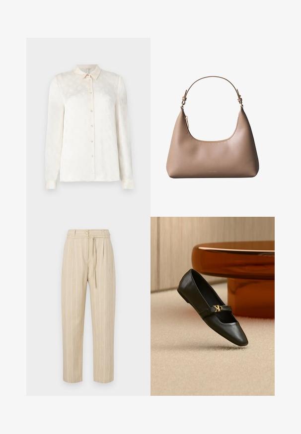 Witte langslokige blouse met een kraag, knoopsluiting aan de voorkant, gemaakt van een gladde stof met een subtiel reliëfpatroon.; Beige gestreepte broek met een relaxte pasvorm, voorzien van een geplooid taille, knoopsluiting en strikceintuur, gemaakt van lichtgewicht stof.; Zwarte leren platte schoen met puntige neus en gouden CK-logo op het bandje, geplaatst op een beige tapijt bij een ronde amberbruine tafel.; Beige leren schoudertas met korte handgreep, gebogen bovenrits en minimalistisch Calvin Klein-logo aan de voorkant.