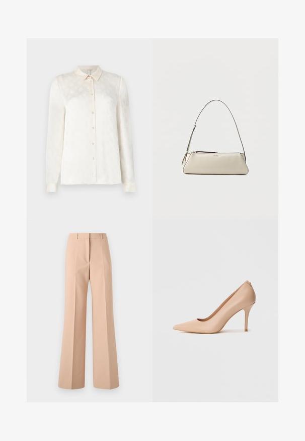 Hvid langærmet skjorte med krave, knaplukning foran, lavet af et glat stof med et subtilt præg mønster.; Beige, højtaljede bukser med bred ben-design. Lavet af glat stof, med frontfolder og en enkel taljebånd.; Beige læder højhælet sko med spids snude, glat tekstur og slank stilet-hæl. Minimalistisk design med slip-on stil.; Lille beige læder skuldertaske med tynd rem og lynlås, mærket med et diskret metal-logo på frontens midte.