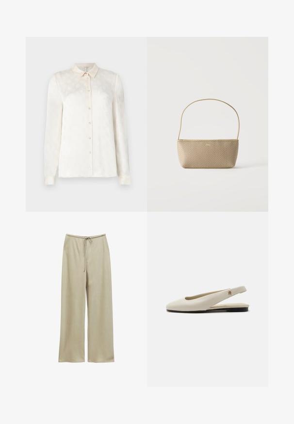 Weißes langärmeliges Hemd mit Kragen, durchgängiger Knopfleiste, aus einem glatten Stoff mit einem dezenten geprägten Muster.; Beige weite Hose mit elastischem Bund und Kordelzug, glatter Stoff, keine sichtbaren Taschen oder Muster, flach auf weißem Hintergrund dargestellt.; cremefarbiger Lederslingback-Flachschuh mit rundem Zehenbereich und kleinem goldfarbenem Emblem am Riemen.; Beige gewebte Handtasche mit dünnem Schulterriemen und kleinem goldenen "BOSS" Logo vorne, vor weißem Hintergrund präsentiert.