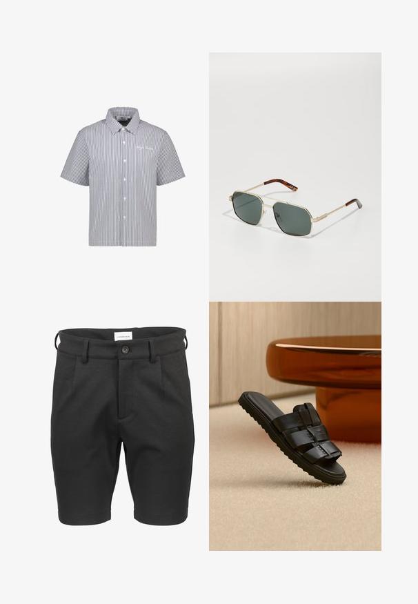 Camisa de manga corta a rayas en azul y blanco con frente abotonado y cuello. Presenta un sutil detalle de logo en el pecho. Material de mezcla de algodón.; Pantalones cortos negros de tela con una textura suave, que presentan un cierre de botón y pliegues frontales, con una cintura de altura media y bolsillos laterales.; Sandalia tipo slide de cuero negro con tiras anchas y suela estriada sobre alfombra beige cerca de mesa de café redonda marrón.; Gafas de sol metálicas con una montura octagonal, lentes de color verde oscuro y patillas con diseño de carey. Detalles en dorado en la montura.