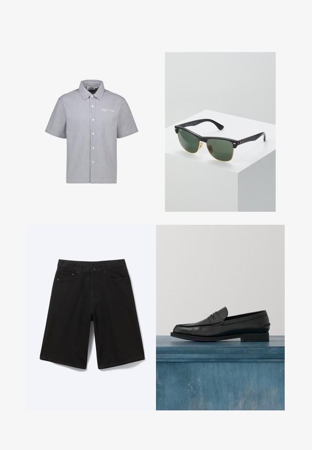 Camisa de manga corta a rayas en azul y blanco con frente abotonado y cuello. Presenta un sutil detalle de logo en el pecho. Material de mezcla de algodón.; Pantalones cortos vaqueros negros hasta la rodilla con botón frontal, trabillas para cinturón y cinco bolsillos, mostrados sobre un fondo blanco.; Mocasines de cuero negro con un diseño elegante, que presentan una puntera cosida y un acabado suave. El zapato tiene un tacón bajo y detalles mínimos.; Gafas de sol Ray-Ban con lentes verdes, montura de plástico negro y acentos dorados en los bordes. Forma cuadrada con acabado mate.