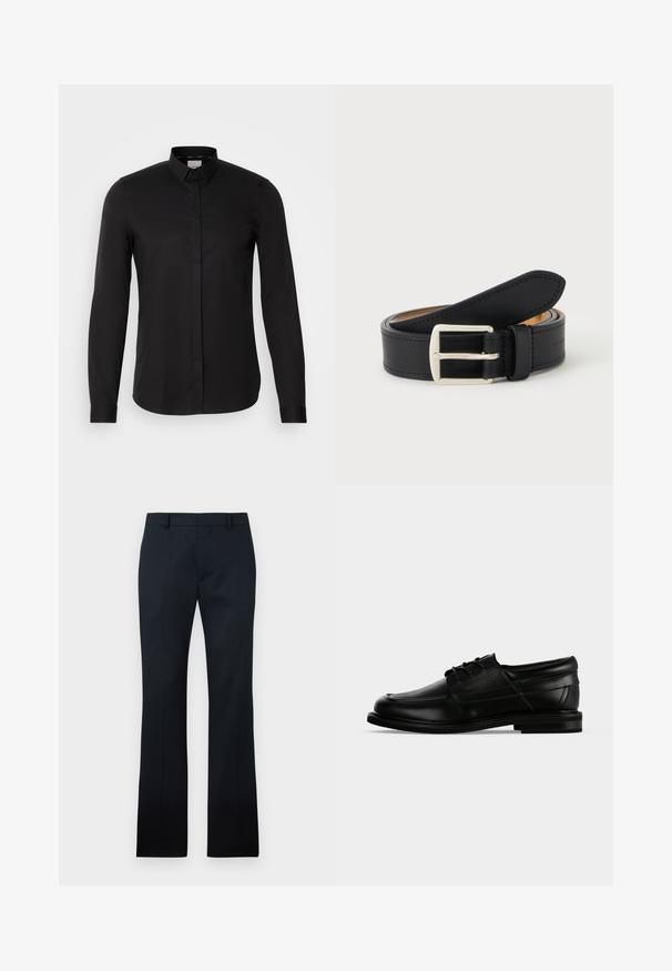 Zwarte langarmshirt van gladde stof, met een button-down kraag, een voorpannetje en een subtiele logo detail op de borst.; Zwarte rechte pantalon met ceintuurlussen en een voorrits, plat liggend op een lichte achtergrond.; Zwarte leren herenschoen met veters, lage hak en een aangebrachte merknaam aan de zijkant, weergegeven in zijaanzicht op een witte achtergrond.; Zwarte leren riem opgerold met zichtbare zilveren rechthoekige metalen gesp op een effen lichte achtergrond.