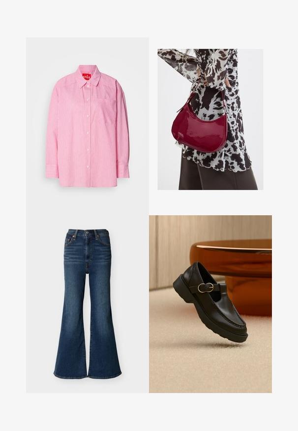 Chemise rose à manches longues, présentant des rayures verticales blanches, une poche poitrine et des poignets boutonnés. Confectionnée en tissu léger.; Jean évasé taille haute bleu foncé avec une jambe large, en denim, doté de poches avant et d'une braguette à boutons.; Mocassin en cuir noir avec une sangle à boucle dorée, semelle épaisse, présenté flottant au-dessus d'un tapis beige avec une table en bois marron en arrière-plan.; Femme portant un chemisier à motif noir et blanc tenant un sac à main rouge brillant sur un fond uni.