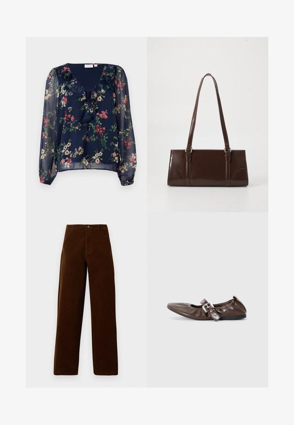Blusa azul marino, transparente, con estampado floral. Presenta un escote en V, detalles con volantes y mangas largas abullonadas con puños elásticos.; Pantalones rectos de pana marrón con bolsillos frontales, trabillas para cinturón y cierre de botón sobre un fondo blanco.; Zapato plano de charol marrón con puntera puntiaguda, detalle de lazo elástico y un acento de hebilla plateada en el costado. Suela de goma negra.; Bolso de mano de piel sintética marrón con forma rectangular, dos asas largas y sutiles acentos curvados en la parte delantera.