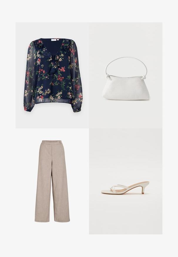 Marineblauwe, doorschijnende blouse met bloemenpatroon. Beschikt over een V-hals, gerimpelde details en lange, puffed mouwen met elastische manchetten.; Beige wijde broek gemaakt van lichtgewicht stof. Heeft een gladde textuur, een aansluitende taille en zijzakken voor functionele details.; Witte blokhak sandalen hebben dunne banden en een vierkante teenontwerp. De hak is ongeveer van gemiddelde hoogte en heeft een gladde afwerking.; Witte handtas van gevlochten leer met een afgeronde handgreep en uiteinden van de band die geknoopt zijn, afgebeeld tegen een effen achtergrond.