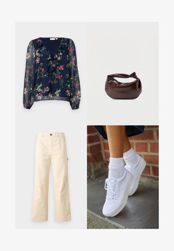 Marineblauwe, doorschijnende blouse met bloemenpatroon. Beschikt over een V-hals, gerimpelde details en lange, puffed mouwen met elastische manchetten.; Wijdvallende beige broek van katoen met een knoopsluiting, voorzien van zijzakken en een strakke, minimalistische uitstraling.; Witte canvas sneakers met rubberen zolen, voorzien van zes vetertjes, een ronde neus en lichte stikdetails, gecombineerd met witte enkelsokken.; Donkerbruine leren schoudertas met een zachte, slungelige vorm en een gedraaide knoopvormige handgreep op een effen witte achtergrond.