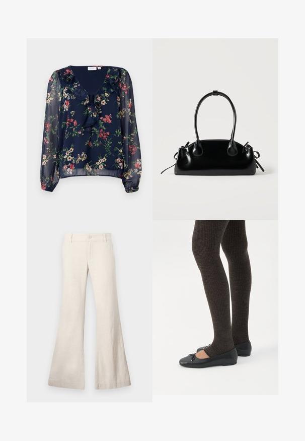 Marineblauwe, doorschijnende blouse met bloemenpatroon. Beschikt over een V-hals, gerimpelde details en lange, puffed mouwen met elastische manchetten.; Uitlopende beige broek gemaakt van een lichtgewicht linnenmix stof. Voorzien van een knoopsluiting aan de voorkant en zijzakken. Soepele textuur, casual ontwerp.; Benen met donkere geribbelde leggings gecombineerd met zwarte ballerina's met kleine strikdetails op een witte achtergrond.; Kleine zwarte glanzende handtas met twee lange hengsels en zijkant trekkoord details op een effen lichte achtergrond.