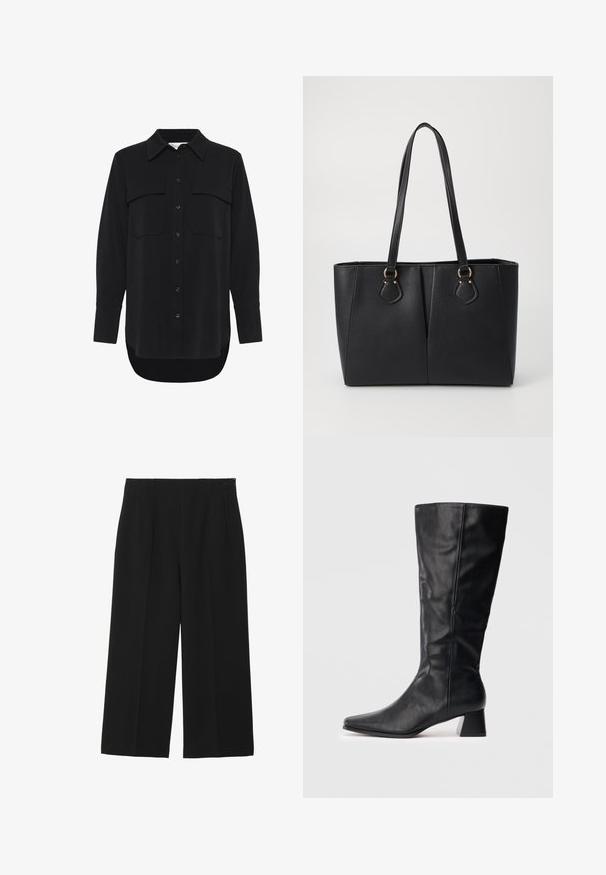 My Essential Wardrobe MWSILLE HACE - Skjortebluser - black; Sorte breddebenede bukser lavet af glat stof, med to forlommer, flad front og lynlås lukning på siden.; Sort læderstøvle til midt på læggen med spids tå og blokhæl på ensfarvet lys baggrund.; Sort faux læder tote taske med en tekstureret finish, to lange håndtag og hardware i guld tone-accenter på siden. Rektangulær form.