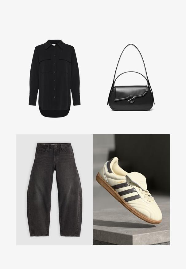 My Essential Wardrobe MWSILLE HACE - Blúzka so zapínaním na gombíky - black; Čierne džínsy z denimu s voľným strihom, ktoré majú päť vreciek, zapínanie na gombík a jemné vyblednutie. Tkanina má hladkú, pevnú textúru.; Krémové kožené tenisky s tromi tmavými pruhmi, hnedou gumenou podrážkou a zaoblenou špičkou. Obsahujú prehýbací jazyk s označením "SAMBA."; Čierna kožená kabelka cez rameno s zakriveným chlopňovým uzáverom, ktorý je zabezpečený okrúhlym kovovým zapínaním a úzkym, nastaviteľným remienkom.