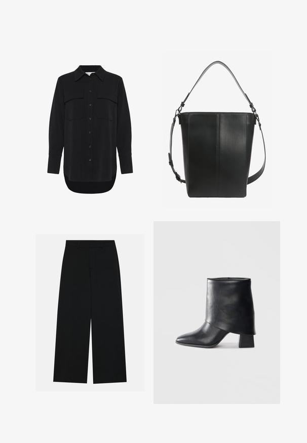 My Essential Wardrobe MWSILLE HACE - Skjortebluser - black; Breddebenede sorte bukser lavet af et glat stof. Har en flad talje med bæltestropper og ingen synlige lommer. Simpelt design.; Sort læder ankelstøvle med spids tå, glat tekstur og en struktureret blokhæl. Har et højt, foldet kravedesign.; Sort læder bucket taske med to justerbare skulderstropper og minimale syningsdetaljer på en ensfarvet baggrund.