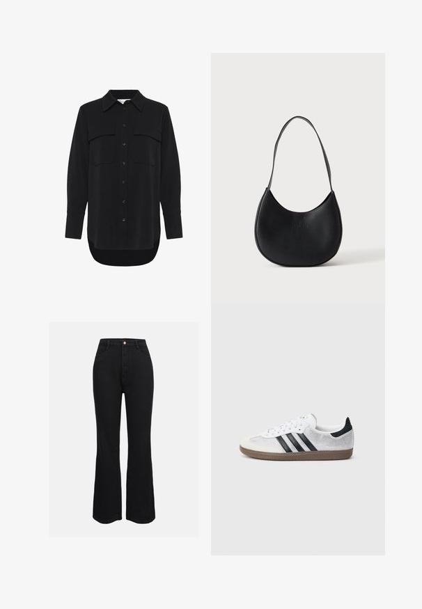 My Essential Wardrobe MWSILLE HACE - Blúzka so zapínaním na gombíky - black; Čierne riflové nohavice s vysokým pásom a rozšírenými nohavicami, vyrobené z denimu, s tradičnými vreckami a predným zapínaním na gombík. Hladká textúra a jednotná farba.; Biele sieťované tenisky s čiernymi pruhmi, béžovým semišovým špičkovým a pätovým detailom, textúrovanou gumovou podrážkou a bielymi šnúrkami. Klasický nízky strih.; Čierna kožená taška na rameno v tvare polmesiaca s jedným remienkom a jemne vyrazeným názvom značky na jednoliatom svetlom pozadí.