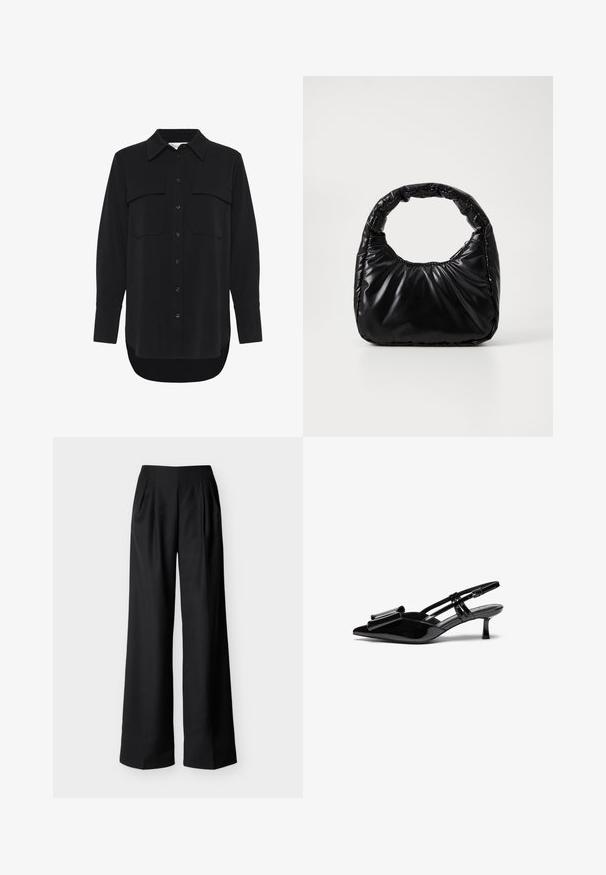 My Essential Wardrobe MWSILLE HACE - Skjortebluser - black; Sorte bukser med høj talje, vide ben, for-ploer og sidelommer, vist mod en ensfarvet lys baggrund.; Sorte patenterede læderslingbacks med spids tå, en sløjfedetalje foran og en lille stilettohæle. Remmene har justerbare spænder.; Sort polstret håndtaske med et rundt håndtag, der har en glat, skinnende overflade og en blød, kviltet tekstur. Ingen synlige hardware eller accenter.