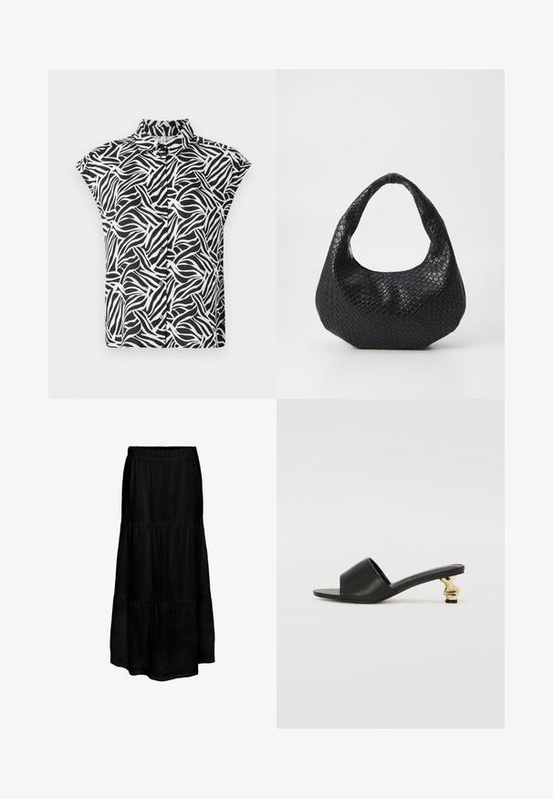 Kurzarmshirt in Schwarz und Weiß mit Wellenmuster. Hergestellt aus leichtem Stoff mit kragenähnlichem Ausschnitt und Knopfdetails.; Schwarzer, gestufter Maxi-Rock mit elastischem Bund, aus einem leichten Stoff gefertigt, mit einer strukturierten Oberfläche und fließender Silhouette.; Schwarze Leder-Sandalen mit offener Zehe und einem geschwungenen, goldfarbenen Akzent-Absatz. Flache Sohle mit minimalistischem Design und glatter Textur.; Schwarze gewebte Handtasche mit einem gebogenen Griff, die eine strukturierte Oberfläche und eine lässige Form hat. Glatte Oberfläche mit einer organischen Silhouette.