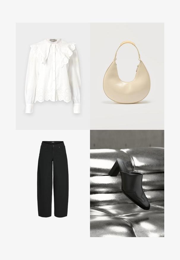 Witte blouse met een hoge kraag, gegolfde rand en bloemen uitsnijdingen van kant aan de zoom. Met knopen aan de voorkant en lange mouwen.; Zwarte cropped jeans met wijde pijpen, voorzijde met knoop- en ritssluiting, voor- en achterzakken, merklabel op de tailleband.; Zwarte leren mule met blokhak, rustend op een glanzend zilveren gestoffeerde oppervlakte, die het strakke ontwerp en de afgeronde details benadrukt.; Crèmekleurige handtas in halvemaanvorm met een korte handgreep voorzien van een goudkleurige metalen accent en een zijritssluiting.