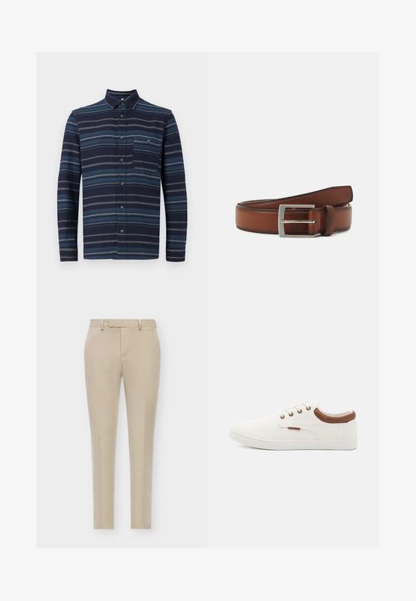 Langärmliges Hemd mit Knopfleiste in Navy mit unterschiedlichen blauen horizontalen Streifen, einem Kragen und einer Brusttasche. Weicher Stoff.; Beige maßgeschneiderte Hosen mit schlanker Passform, flachem Vorderteil, dezenten Seitentaschen und einem glatten, strukturierten Stoff.; Weiße Leinensneaker mit einer glatten Textur, braunen Lederakzenten an der Ferse und fünf Metallösen für die Schnürsenkel. Mit einer flachen Gummisohle.; Brauner Ledergürtel mit einer silbernen rechteckigen Schnalle, die zarte Nähte und eine glatte Textur aufweist.