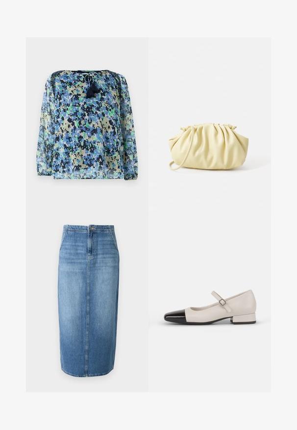 Blouse transparente avec un motif floral bleu, vert et noir, col rond avec cordon de serrage et deux pompons. Manches longues et amples.; Jupe crayon en denim bleu clair avec une coupe droite, fermeture à boutons sur le devant et un léger effet délavé. L'ourlet se situe juste au-dessus du genou.; Chaussure de style Mary Jane en cuir crème avec un bout en vernis noir. Présente un bout rond, une sangle de cheville avec une boucle carrée et un petit talon carré.; Sac à main plissé jaune en simili cuir lisse, arborant une forme douce avec une bandoulière unique et un design froncé sur le dessus.