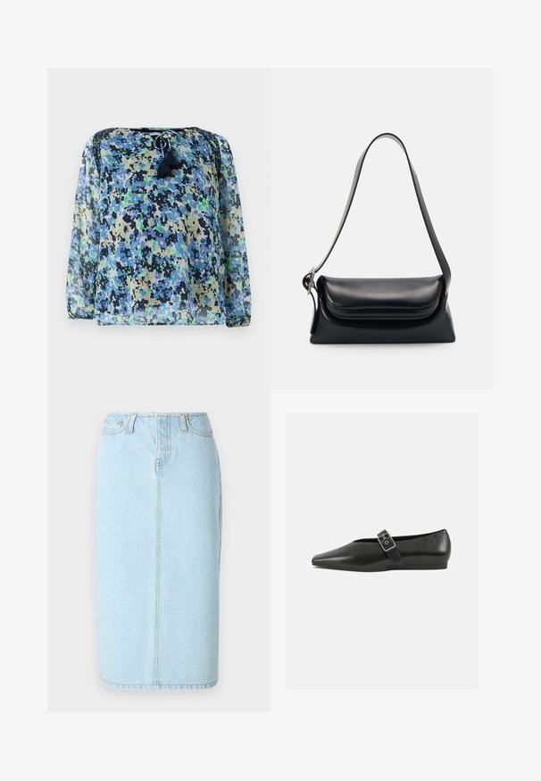 Blouse transparente avec un motif floral bleu, vert et noir, col rond avec cordon de serrage et deux pompons. Manches longues et amples.; Jupe crayon en denim bleu clair avec taille haute, design à cinq poches et détails de couture subtils le long des coutures.; Chaussure plate en cuir noir avec un orteil pointu, présentant une sangle à boucle métallique sur le cou-de-pied et une semelle basse et flexible.; Sac à main en cuir noir avec une forme structurée, une texture lisse et une seule bandoulière. Présente un design de rabat arrondi et subtil.