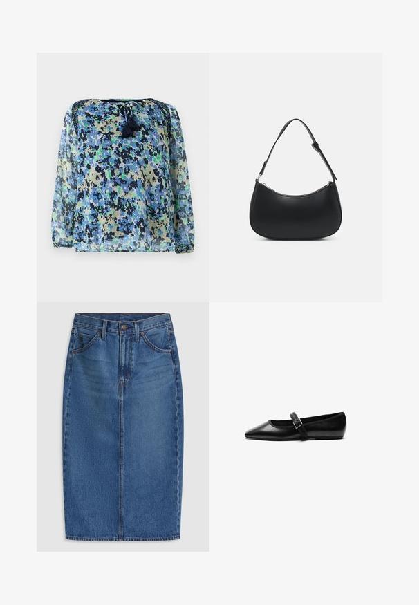 Transparante blouse met een blauw, groen en zwart bloemenpatroon, ronde halslijn met trekkoord, en twee franjes. Lange, luchtige mouwen.; Denim rok met een knielengte, uitgevoerd in licht tot medium blauw, met vijf zakken en stikselaccenten langs de naden.; Zwarte platte schoen van leer met een spitse neus, verstelbare band met een metalen gesp, een gladde textuur en een minimalistisch ontwerp.; Pieces PCALUANA SHOULDER BAG - Handtas - black