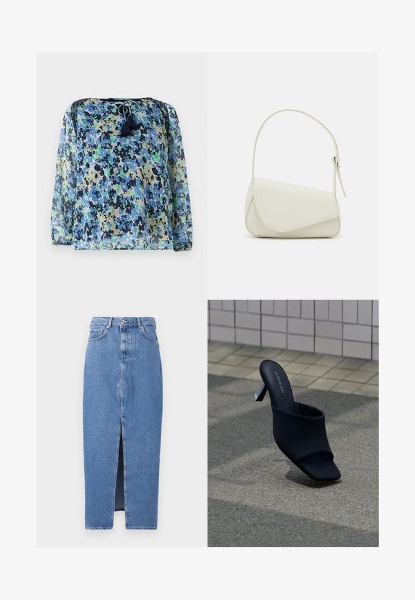 Blusa transparente con un patrón floral en azul, verde y negro, escote redondo con cordón y dos borlas. Mangas largas y vaporosas.; Falda midi de mezclilla azul claro con una abertura frontal, diseño clásico de cinco bolsillos y cierre con botón en la parte superior. La tela tiene una ligera textura.; Mule negro de punta abierta con tacón cuadrado y punta cuadrada, con la marca "EVEN&ODD", colocado sobre un pavimento gris cerca de una pared de azulejos.; Bolso de mano de imitación cuero blanco con una forma triangular estructurada, correa ajustable única y cierre con solapa acentuada en curva.