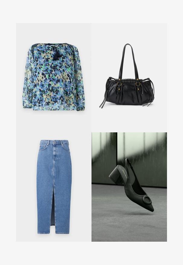 Transparante blouse met een blauw, groen en zwart bloemenpatroon, ronde halslijn met trekkoord, en twee franjes. Lange, luchtige mouwen.; Lichtblauwe denim midi-jurk met een voorkant split, klassieke vijf zakken ontwerp en sluiting met bovenste knoop. De stof heeft een lichte textuur.; Zwarte leren slingback hak met een puntige neus en een ronde gesp, geplaatst op een grijze vloer met een vervaagde achtergrond.; Zwarte leren handtas met een afgeronde vorm, dubbele handvatten, decoratieve hardware accenten en details met zijstrikken. Smooth, glanzende textuur.